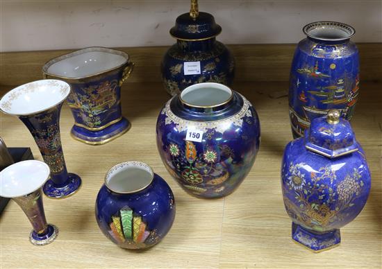 Six Carlton ware powder blue lustre vases and two lidded jars, in Temple, Mikado, Fan etc. patterns